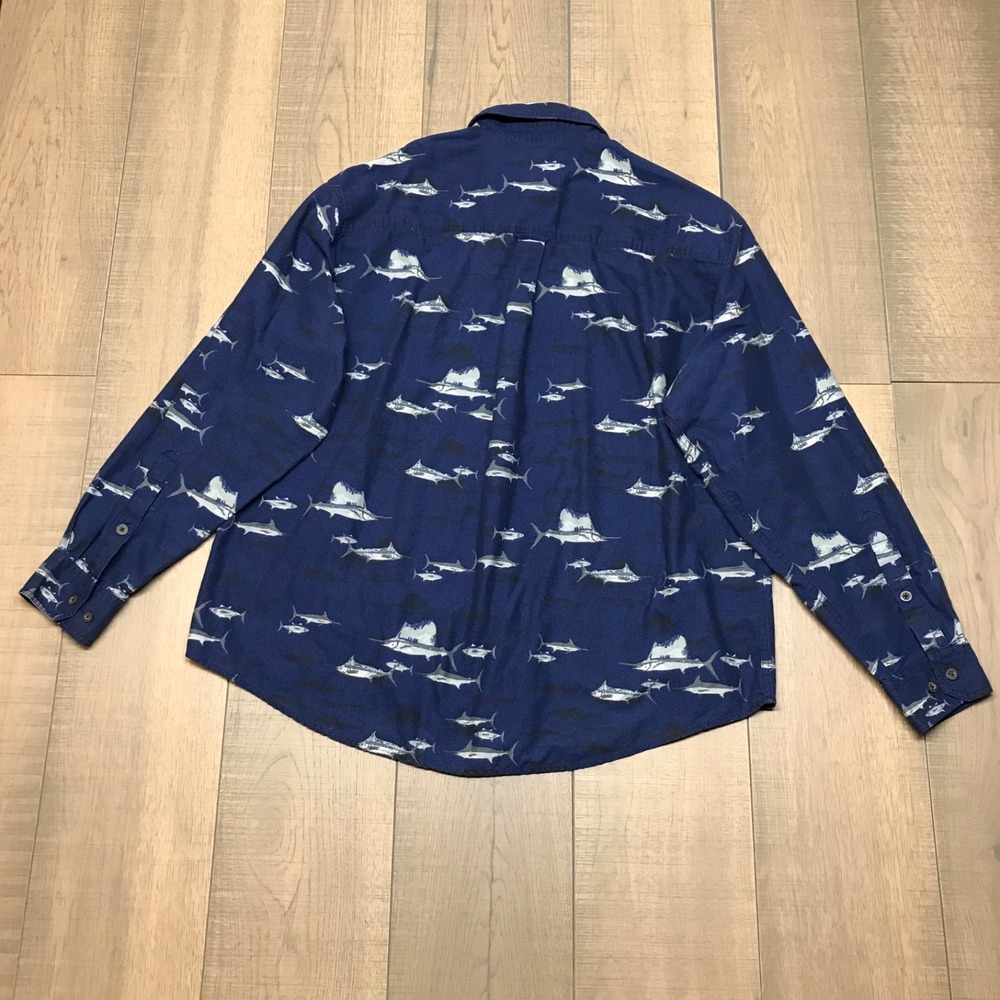 Woolrich Shirt Mens Size XL Blue Swordfish‎ Marlin Saltwater Fishing Button Up - Picture 2 of 11